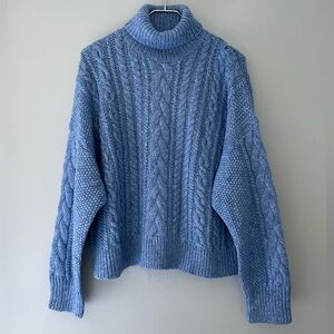 NWT JCrew Collection cropped cable knit turtleneck sweater Size Medium M blue